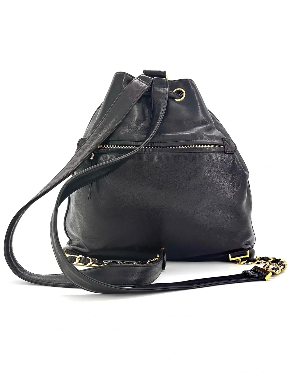 Chanel Vintage Black Lambskin Timeless CC Drawstring Backpack Gold Hardware